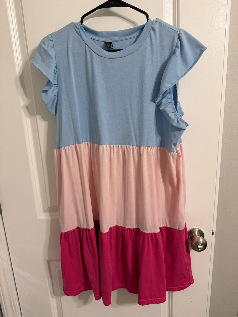 Tiered Ruffle Sleeve Dress - Light Blue, Light Pink & Fuchsia